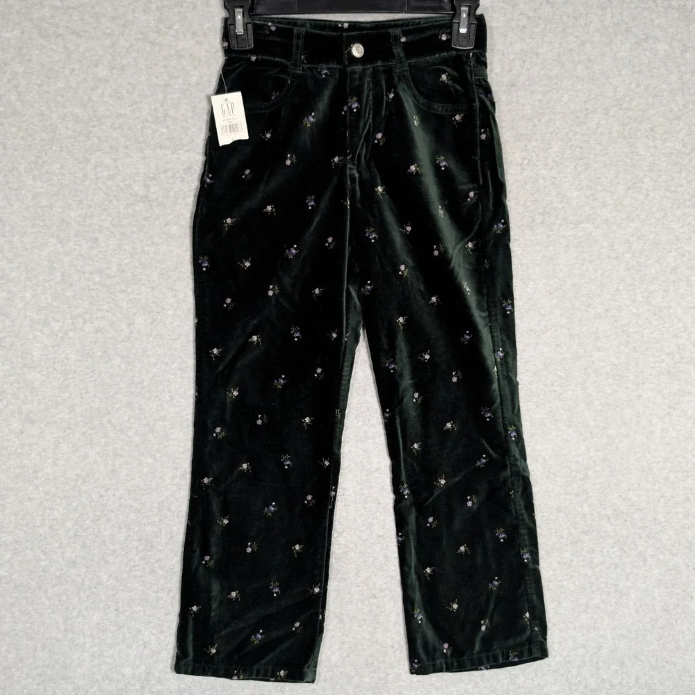 GAP‎ Velvet Pants Kids Size 7 Dark Green Ditsy Floral Straight Leg Fall Fashion